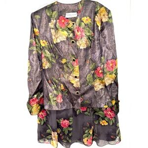 Floral Button Front Skirt Set in Gray with Pink & Yellow Blooms